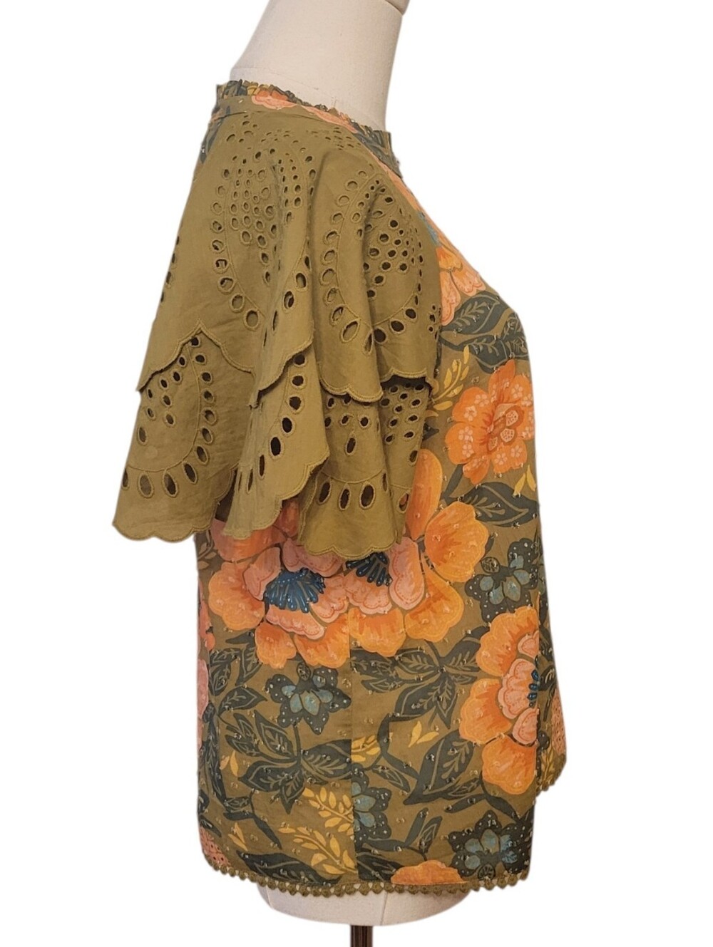 Anthropologie Farm Rio Olive Green & Peach Eyelet Floral Top Size Small - Picture 4 of 6